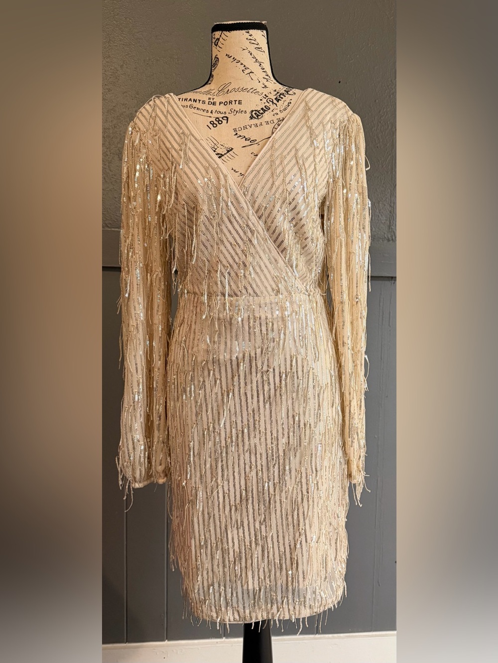 Guess Champagne Sequin Fringe Long Sleeve Wrap Dress